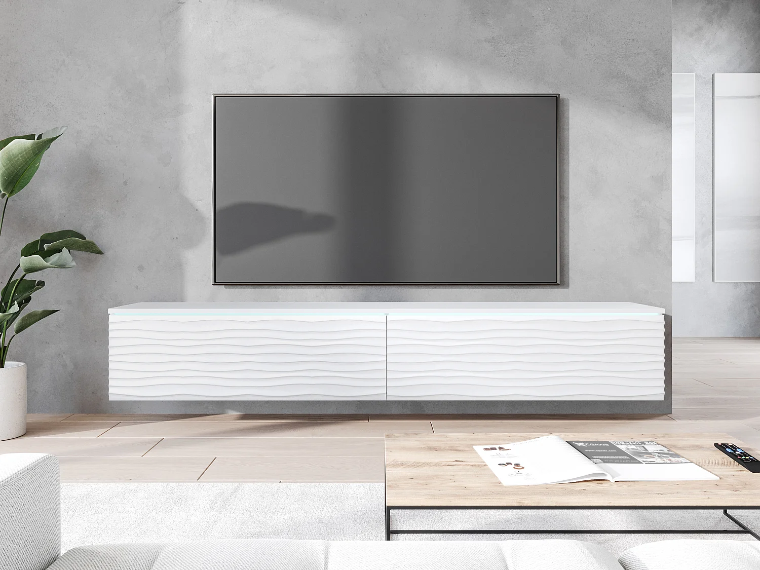 TV-Element stehend / hängend, Weiß mit Wellenfront und LED, 180 cm - Kane