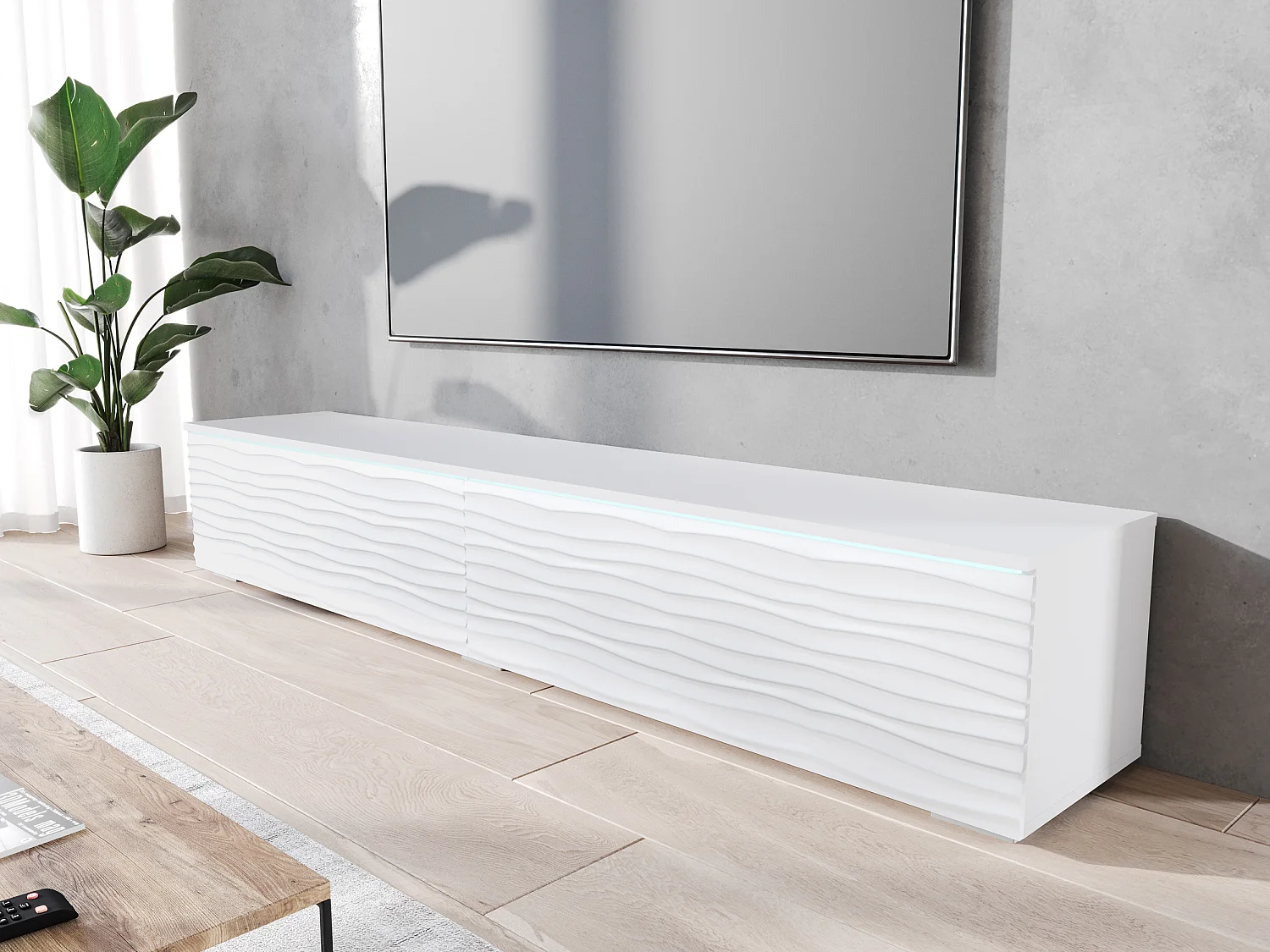 TV-Element stehend / hängend, Weiß mit Wellenfront und LED, 180 cm - Kane