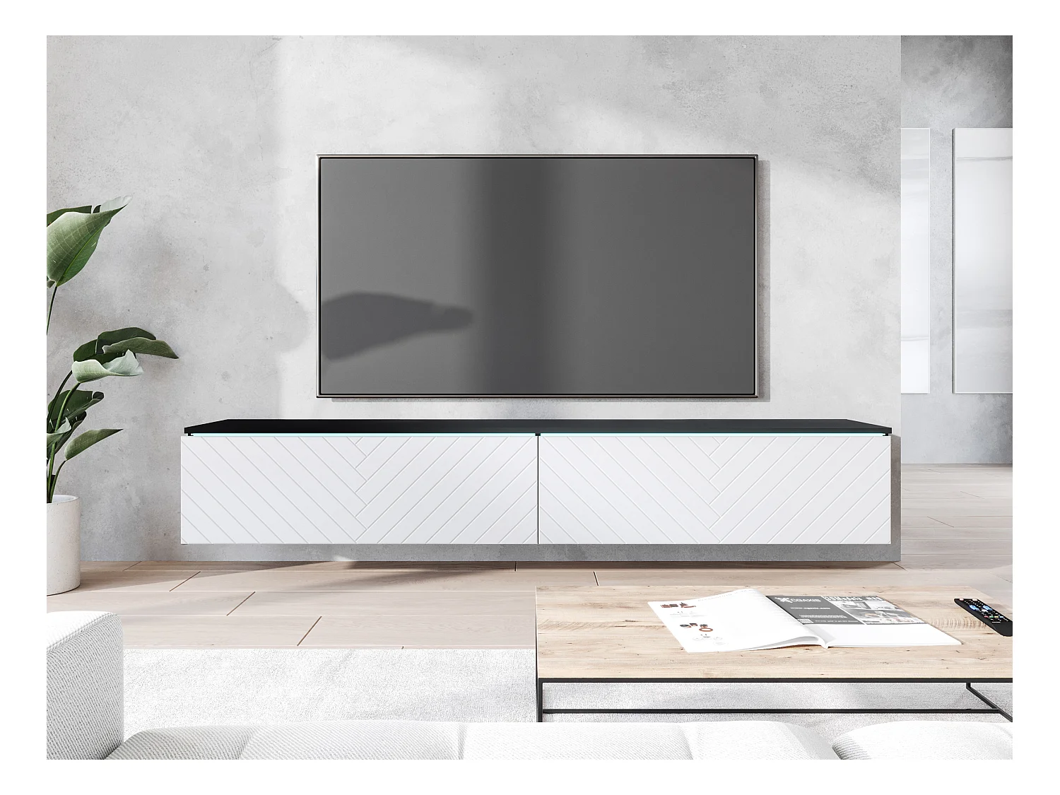 Mobile TV - 180 cm - Antracite con frontale a spina di pesce bianco - con LED - KANE