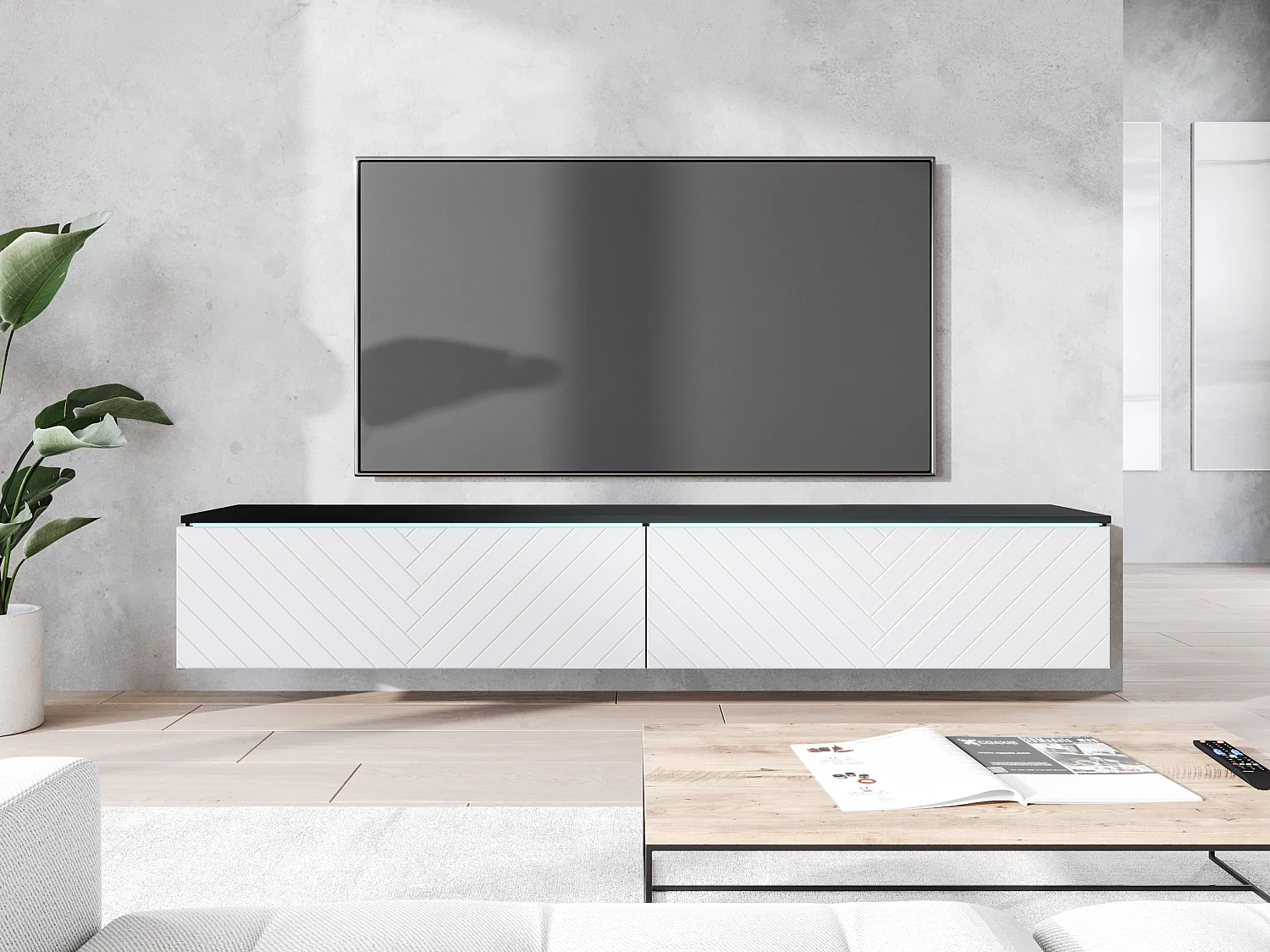 Mobile TV - 180 cm - Antracite con frontale a spina di pesce bianco - con LED - KANE