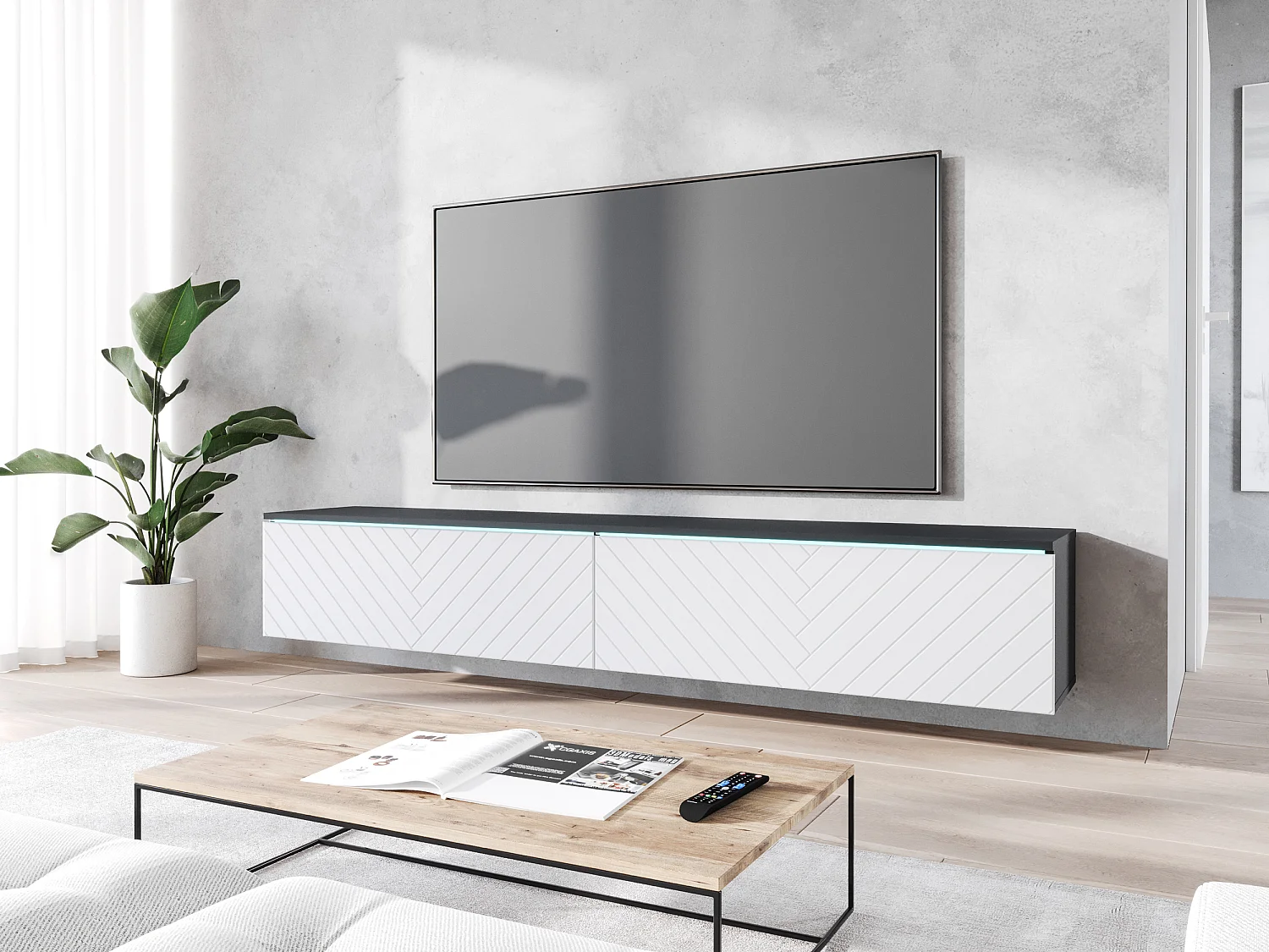 Mobile TV - 180 cm - Antracite con frontale a spina di pesce bianco - con LED - KANE