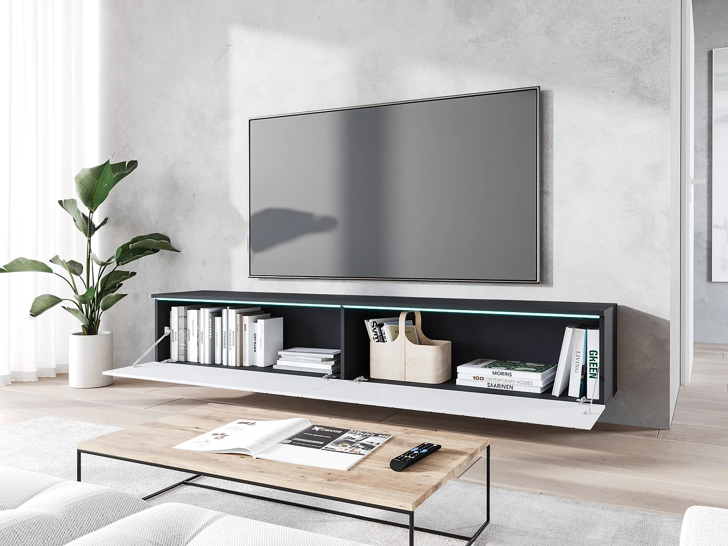 Mobile TV - 180 cm - Antracite con frontale a spina di pesce bianco - con LED - KANE