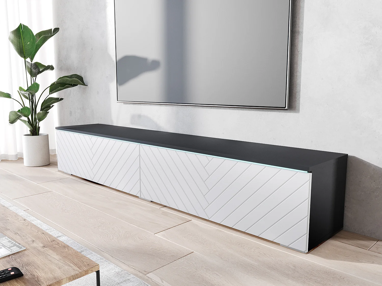 Mobile TV - 180 cm - Antracite con frontale a spina di pesce bianco - con LED - KANE