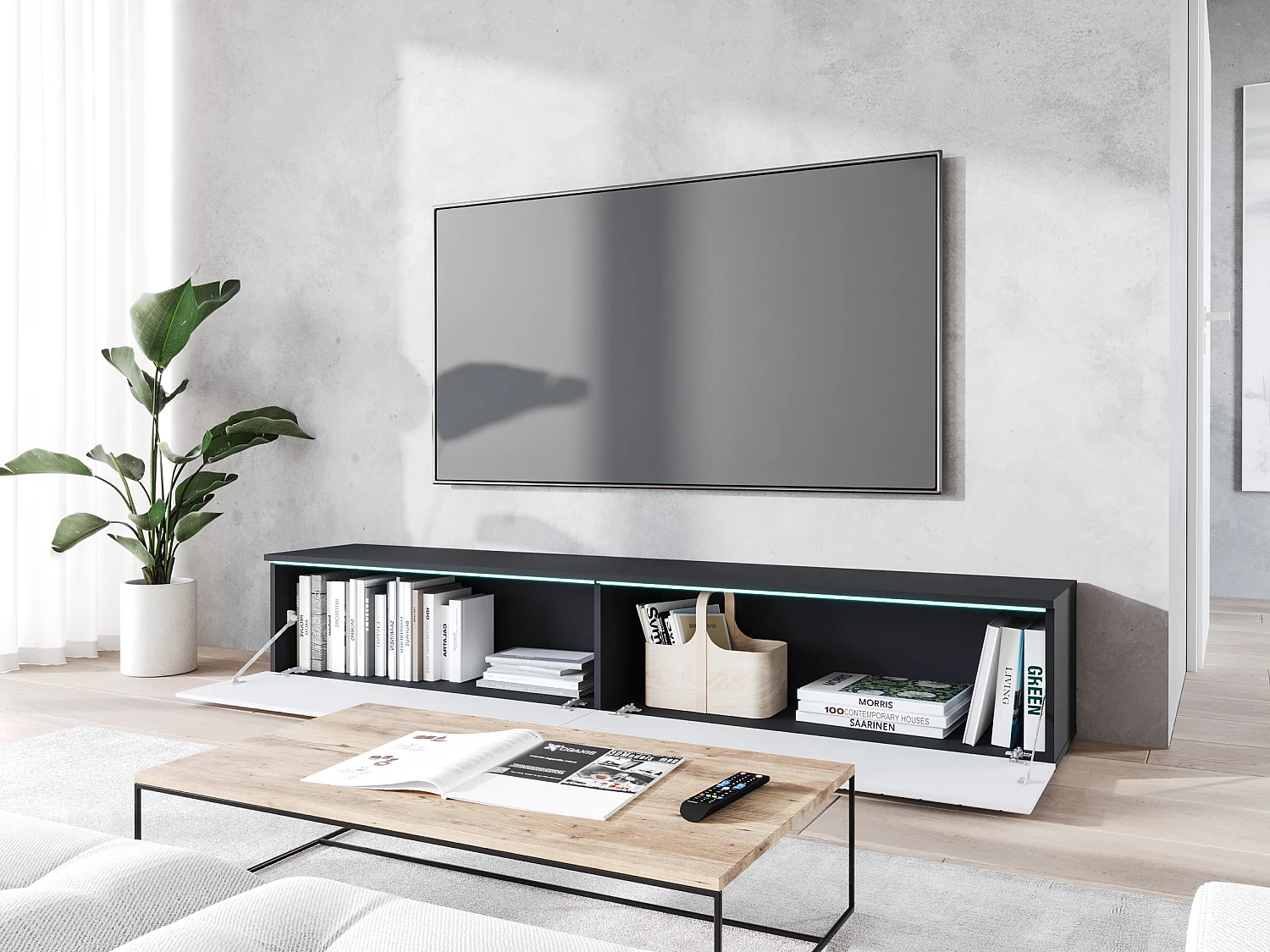 Mobile TV - 180 cm - Antracite con frontale a spina di pesce bianco - con LED - KANE