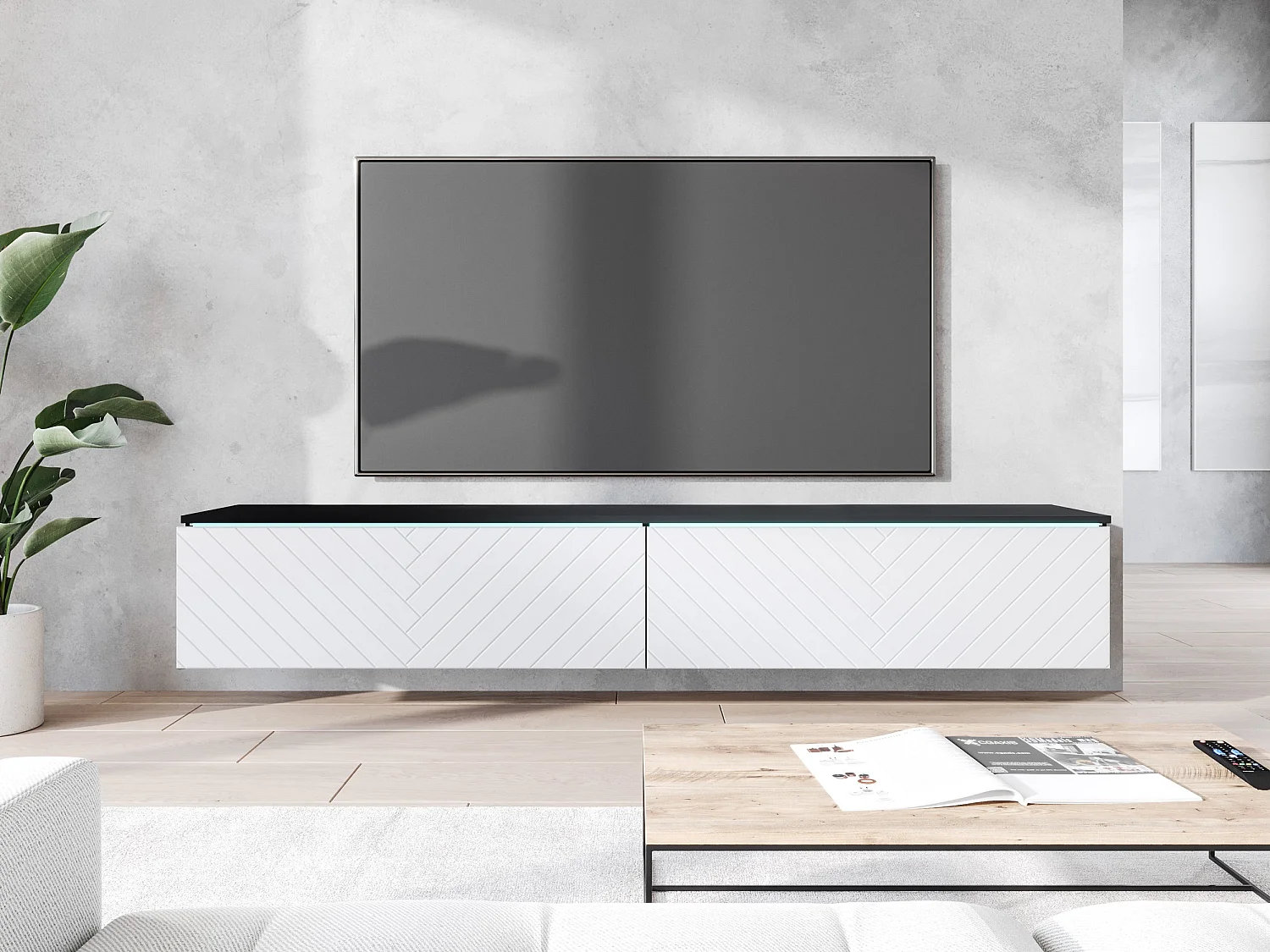 Mobile TV - 180 cm - Antracite con frontale a spina di pesce bianco - con LED - KANE
