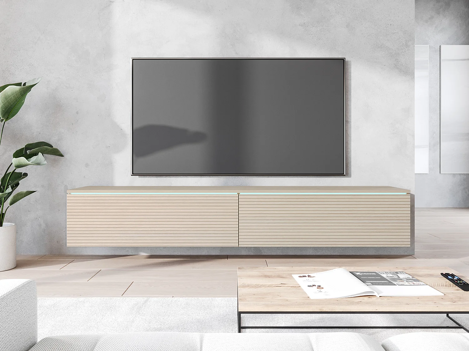 TV-meubel - 180 cm - in eikenhouten lamellenkleur - met LED - KANE