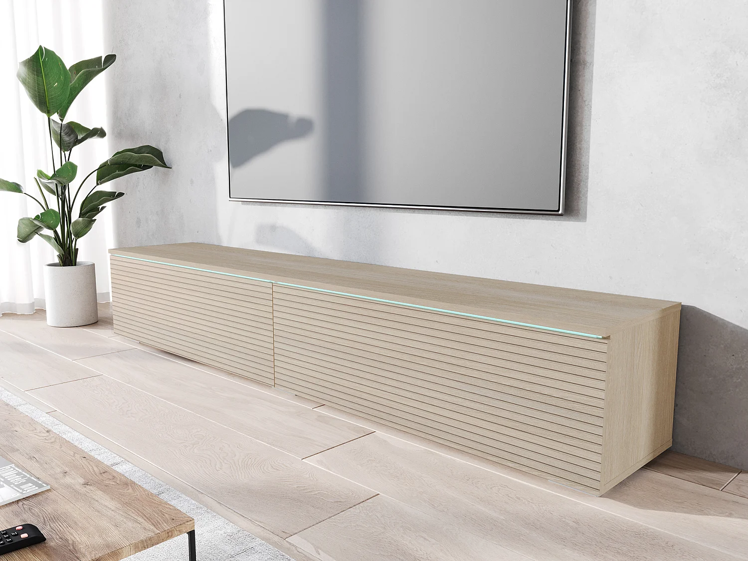 TV-meubel - 180 cm - in eikenhouten lamellenkleur - met LED - KANE