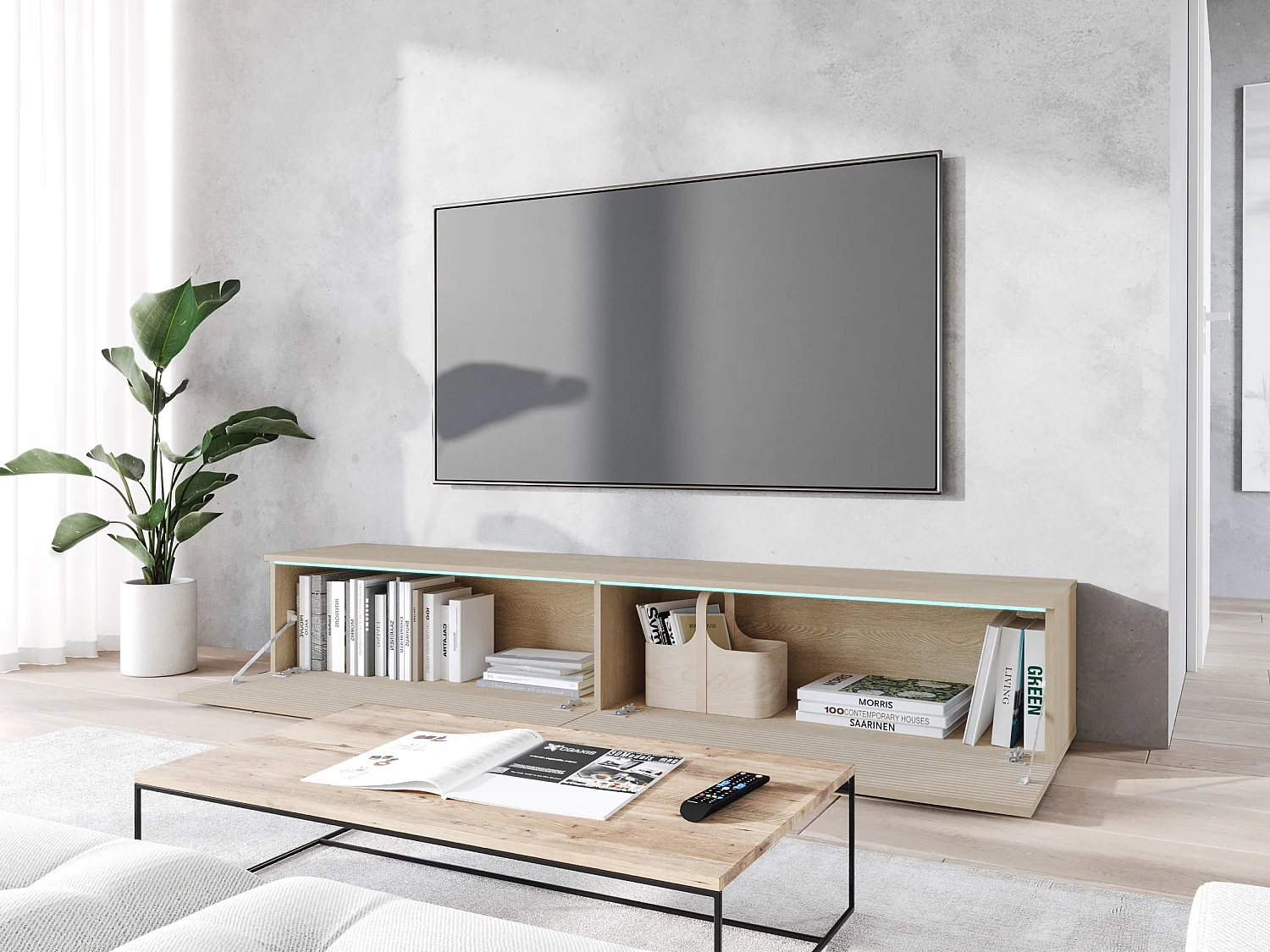 TV-meubel - 180 cm - in eikenhouten lamellenkleur - met LED - KANE