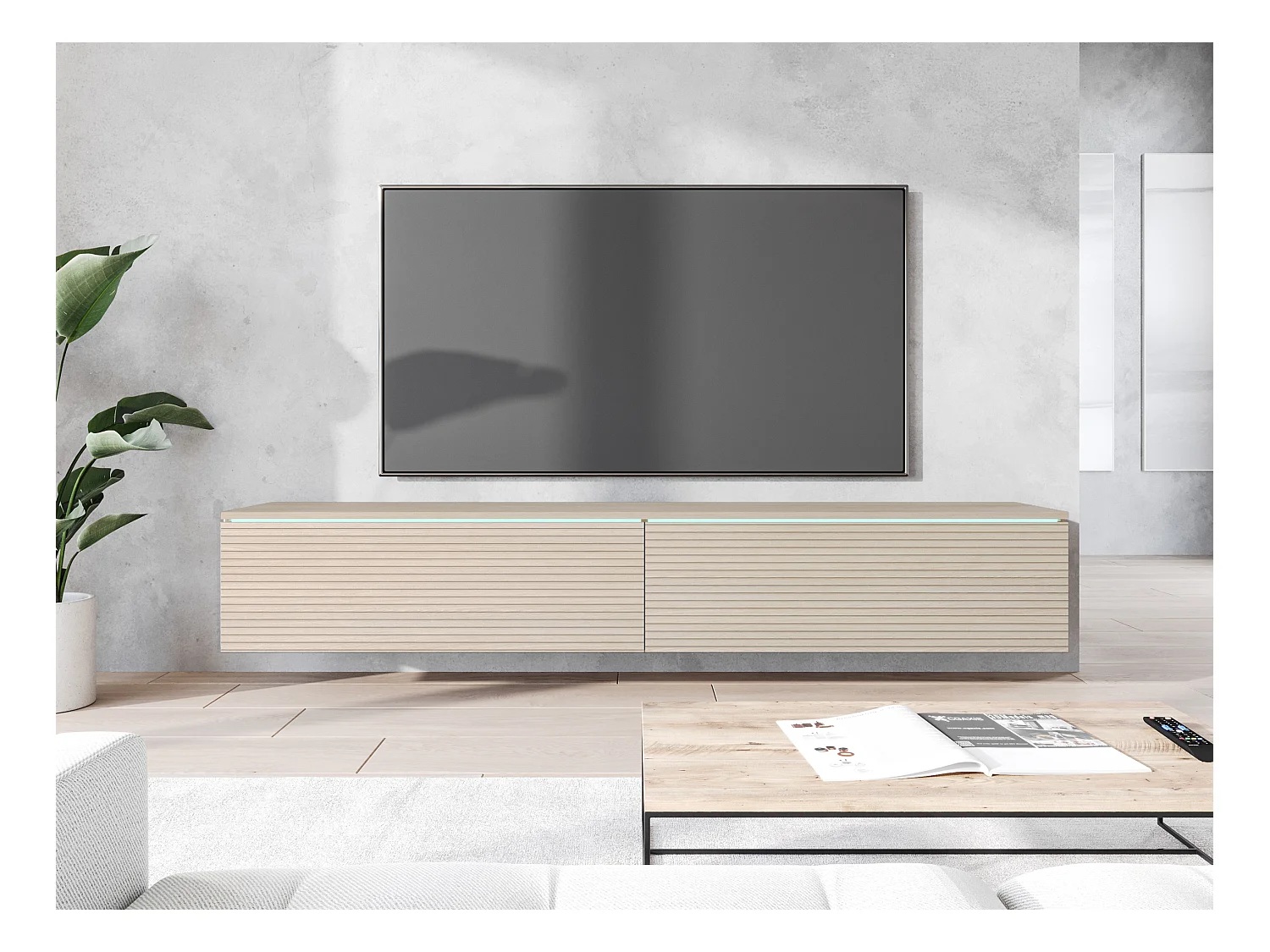 Meuble TV - 180 cm - en couleur chêne à lamelles - avec LED - KANE