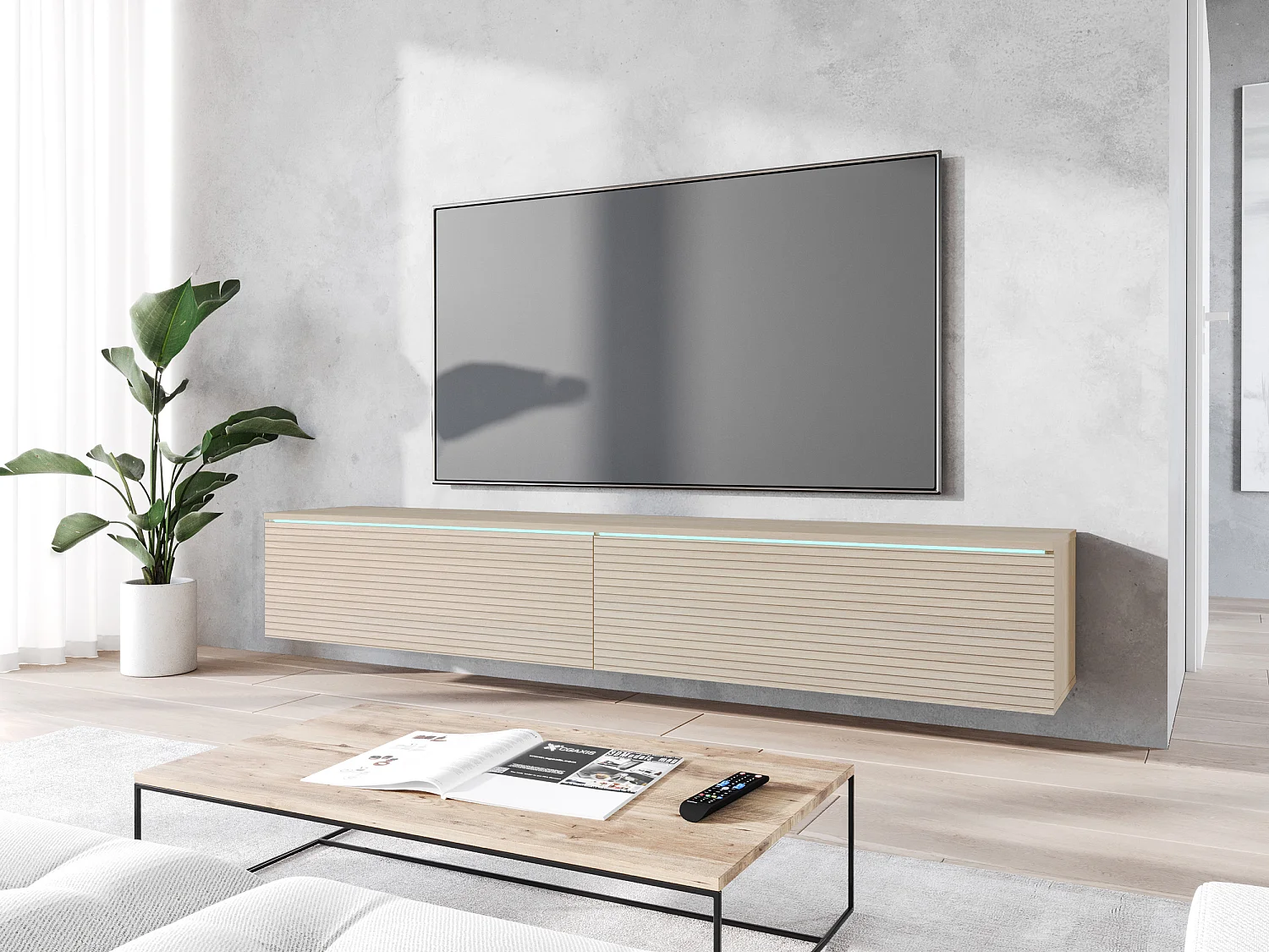 TV-meubel - 180 cm - in eikenhouten lamellenkleur - met LED - KANE