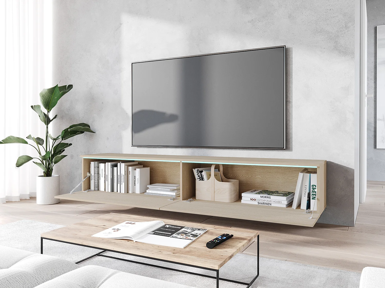 TV-meubel - 180 cm - in eikenhouten lamellenkleur - met LED - KANE