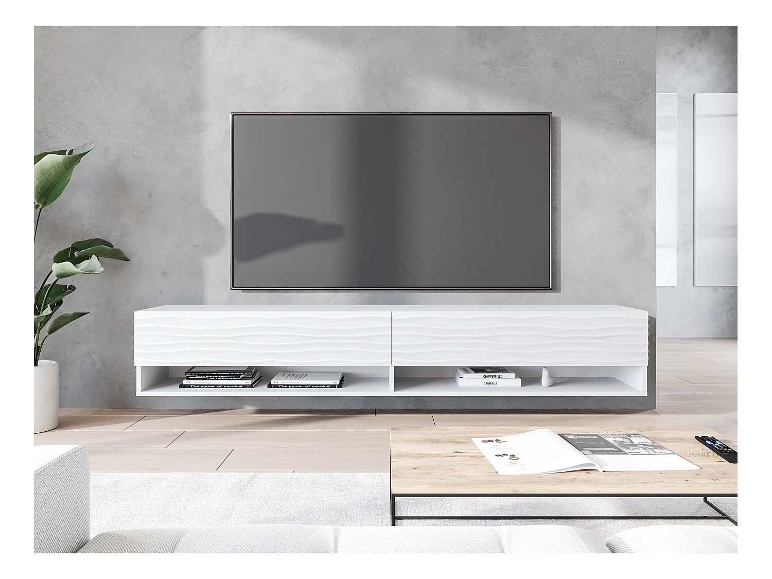 Meuble TV - 180 cm - blanc avec façade à motif ondulé - avec LED - WANDER