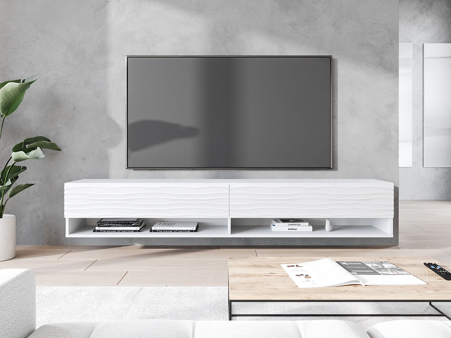 TV-Element stehend / hängend, Weiß mit Wellenfront und LED, 180 cm - Wander