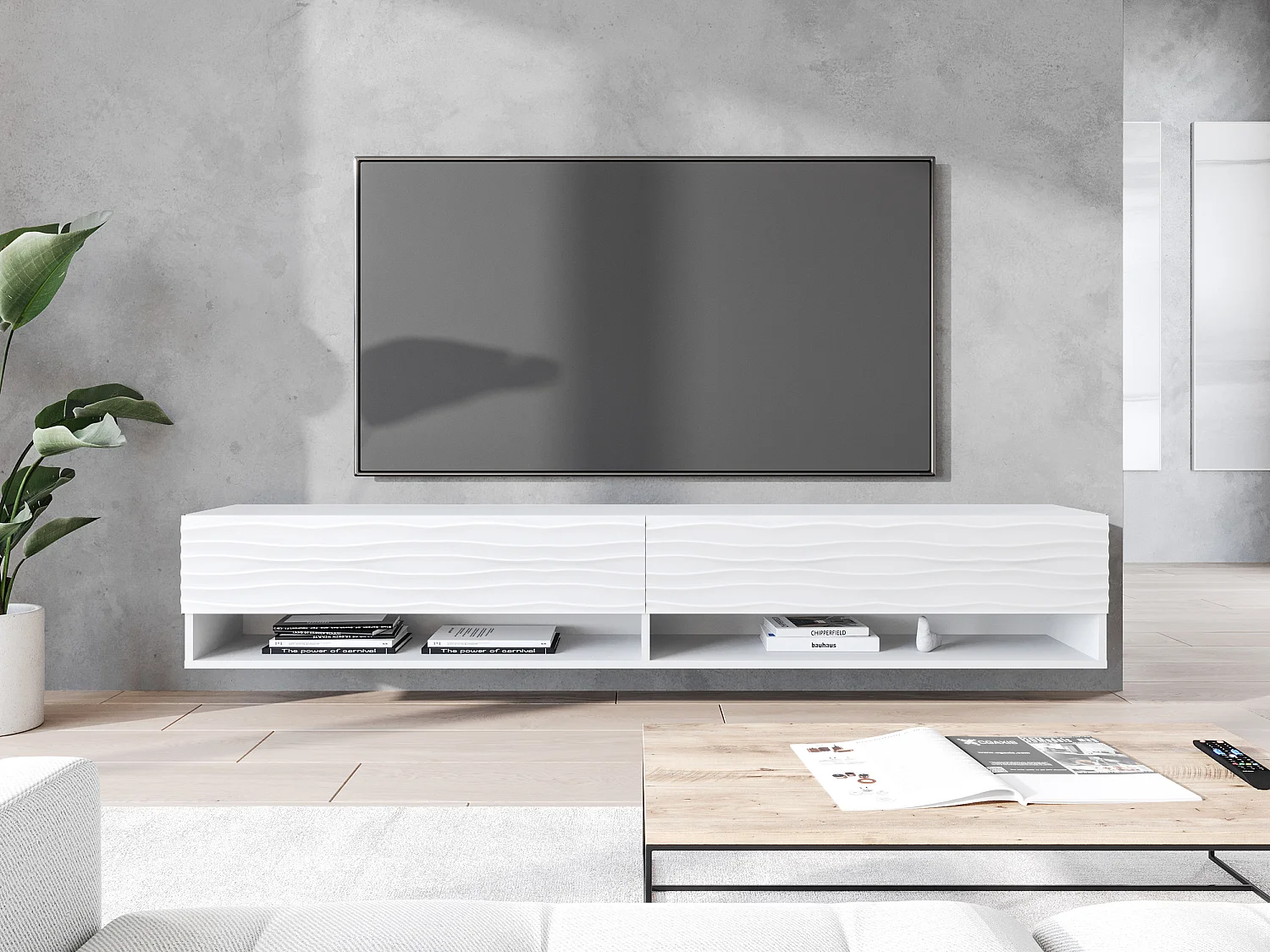 Mueble de TV - 180 cm - blanco con frente ondulado - con LED - WANDER