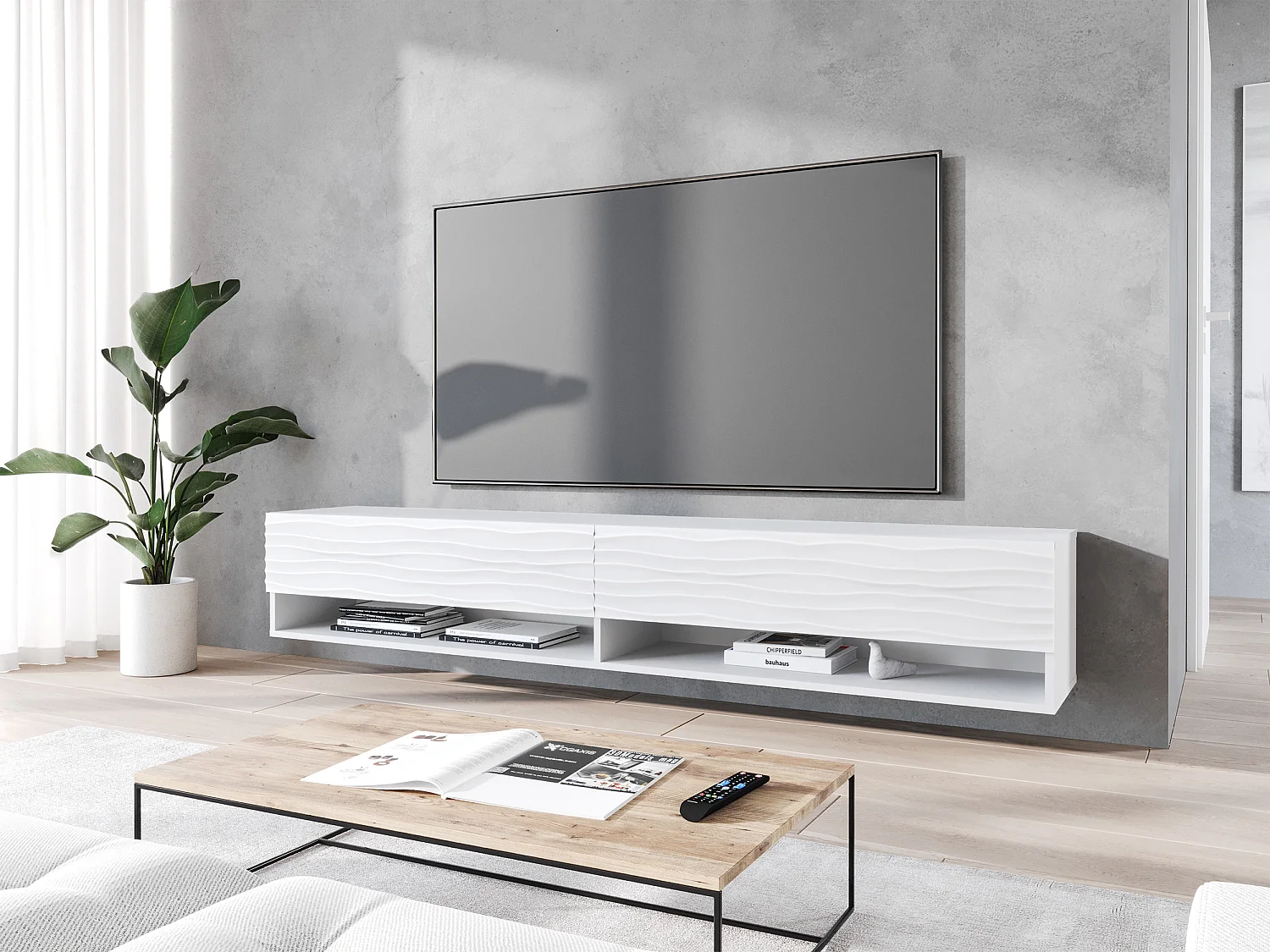 Mueble de TV - 180 cm - blanco con frente ondulado - con LED - WANDER