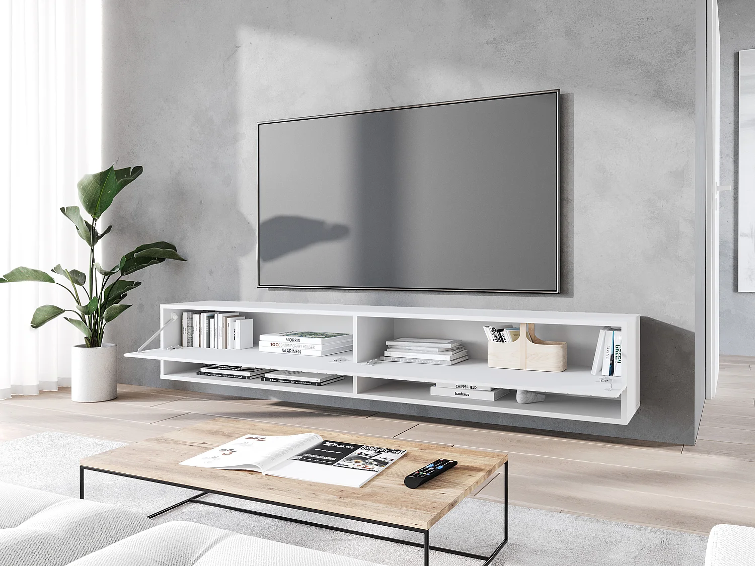 Mueble de TV - 180 cm - blanco con frente ondulado - con LED - WANDER