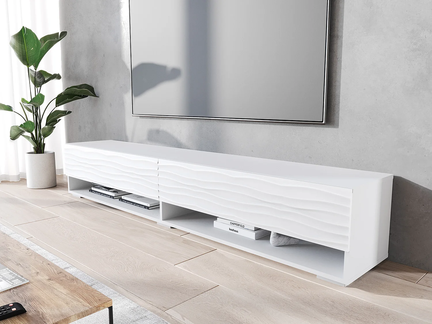 Mueble de TV - 180 cm - blanco con frente ondulado - con LED - WANDER