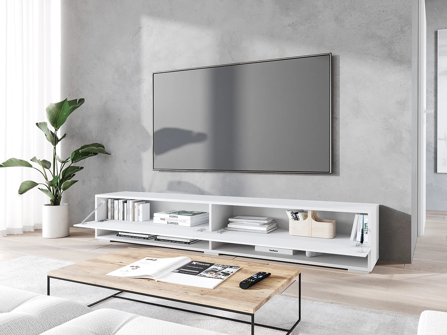 Mueble de TV - 180 cm - blanco con frente ondulado - con LED - WANDER