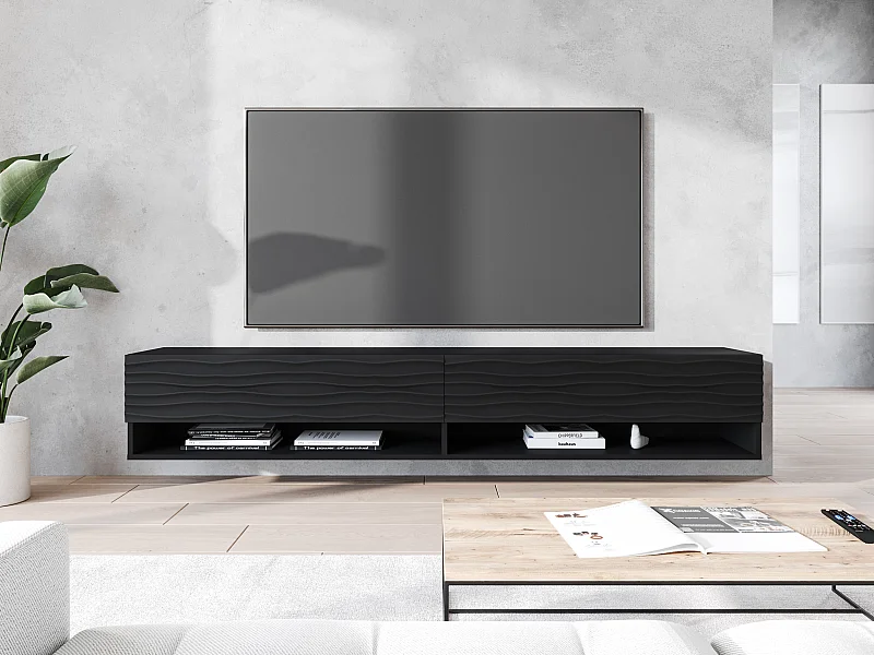 Meuble TV - 180 cm - noir graphite/noir avec façade à motif ondulé - avec LED - WANDER