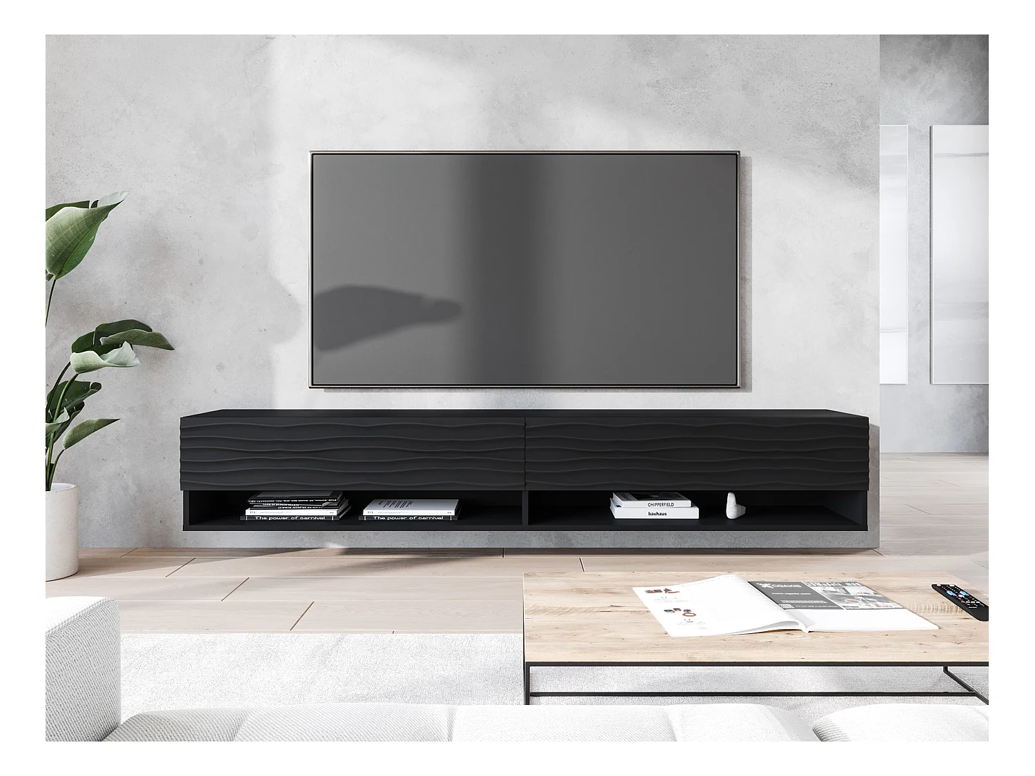 Meuble TV - 180 cm - noir graphite/noir avec façade à motif ondulé - avec LED - WANDER