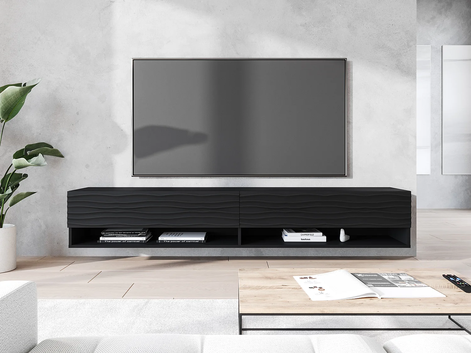 TV-Schrank - 180 cm - Graphitschwarz/Schwarz mit Wellenmusterfront - mit LED - WANDER