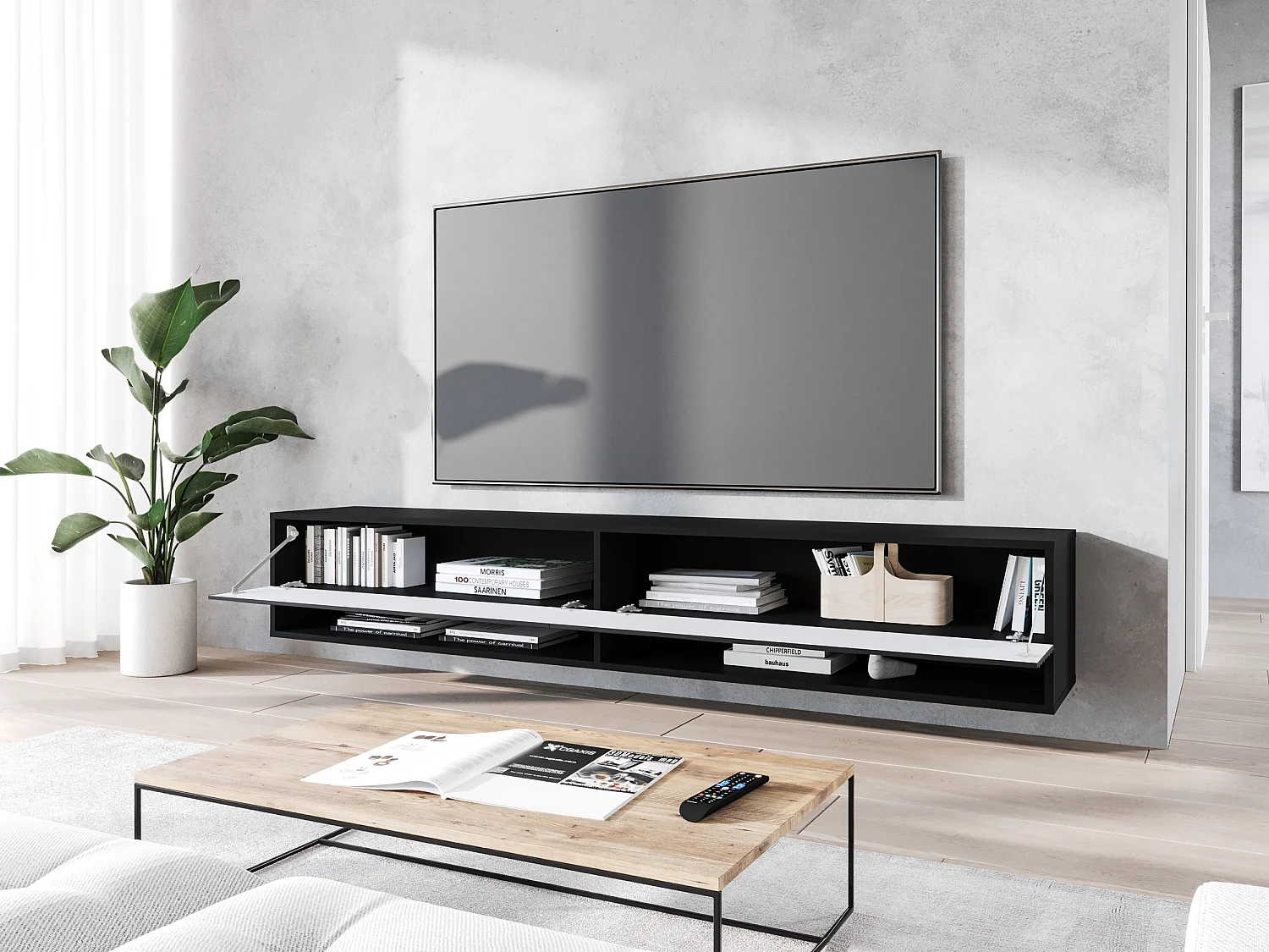 TV-Schrank - 180 cm - Graphitschwarz/Schwarz mit Wellenmusterfront - mit LED - WANDER