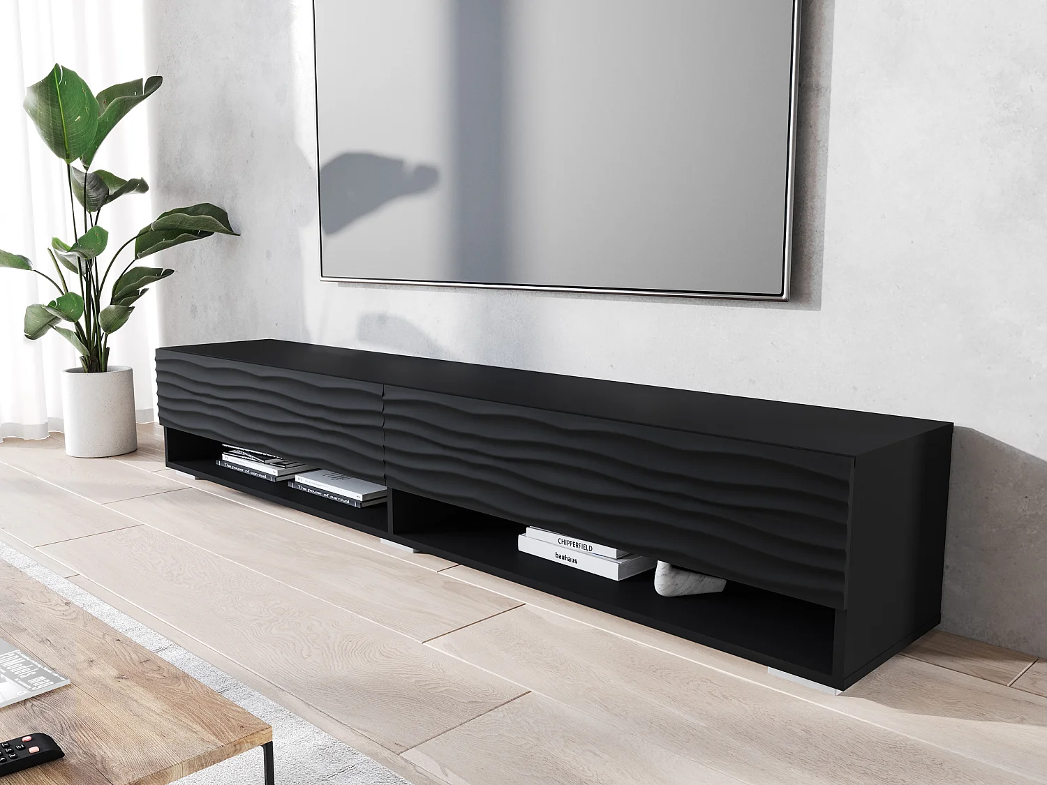 TV-Schrank - 180 cm - Graphitschwarz/Schwarz mit Wellenmusterfront - mit LED - WANDER