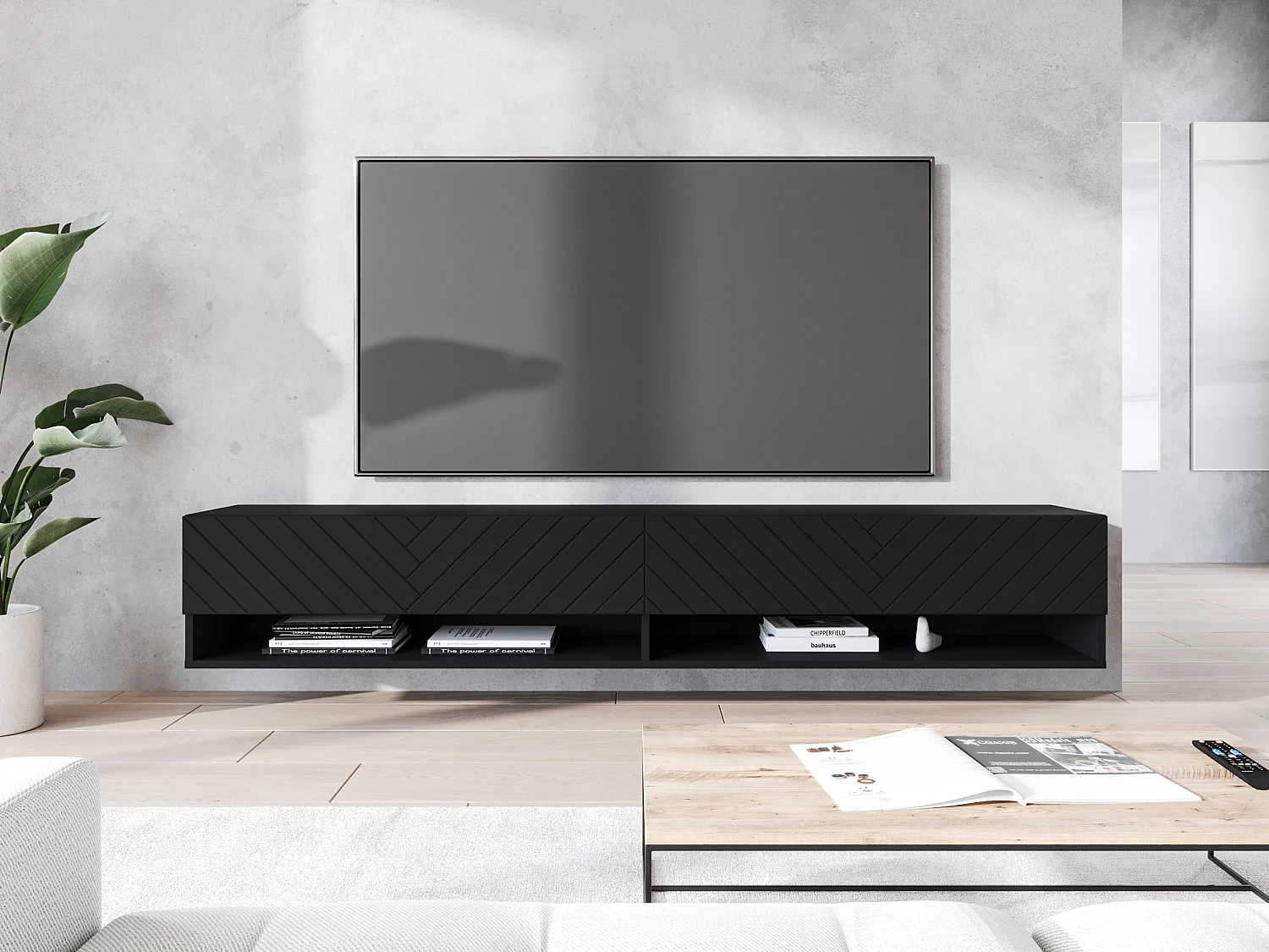 Mueble de TV - 180 cm - grafito negro/negro con diseño en espiga - con LED - WANDER