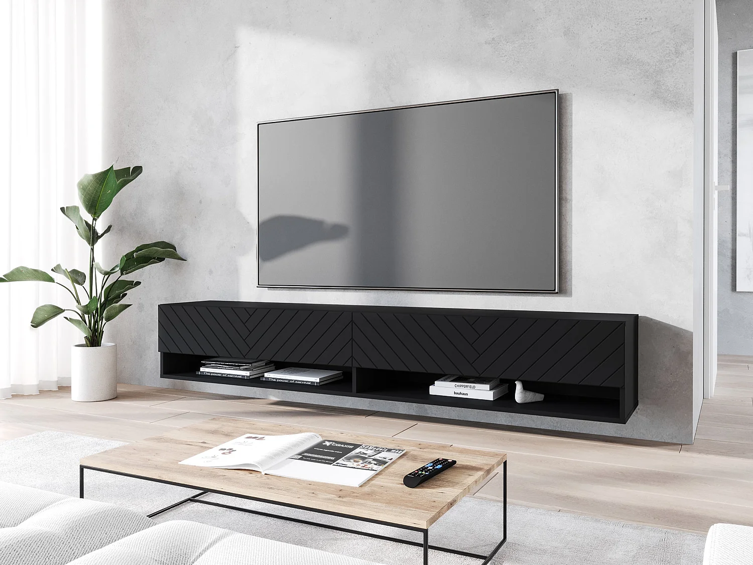 Mueble de TV - 180 cm - grafito negro/negro con diseño en espiga - con LED - WANDER