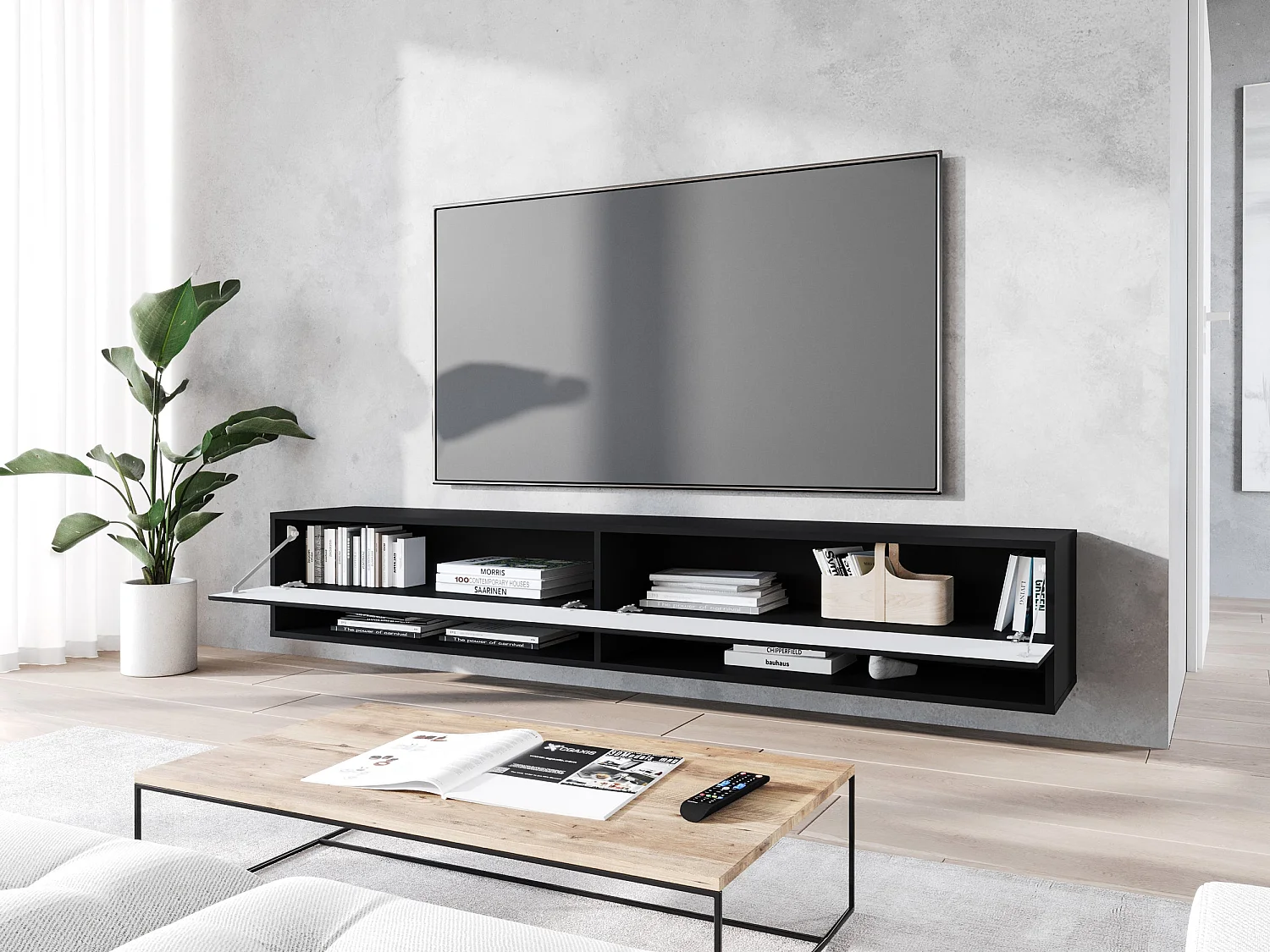 Mueble de TV - 180 cm - grafito negro/negro con diseño en espiga - con LED - WANDER