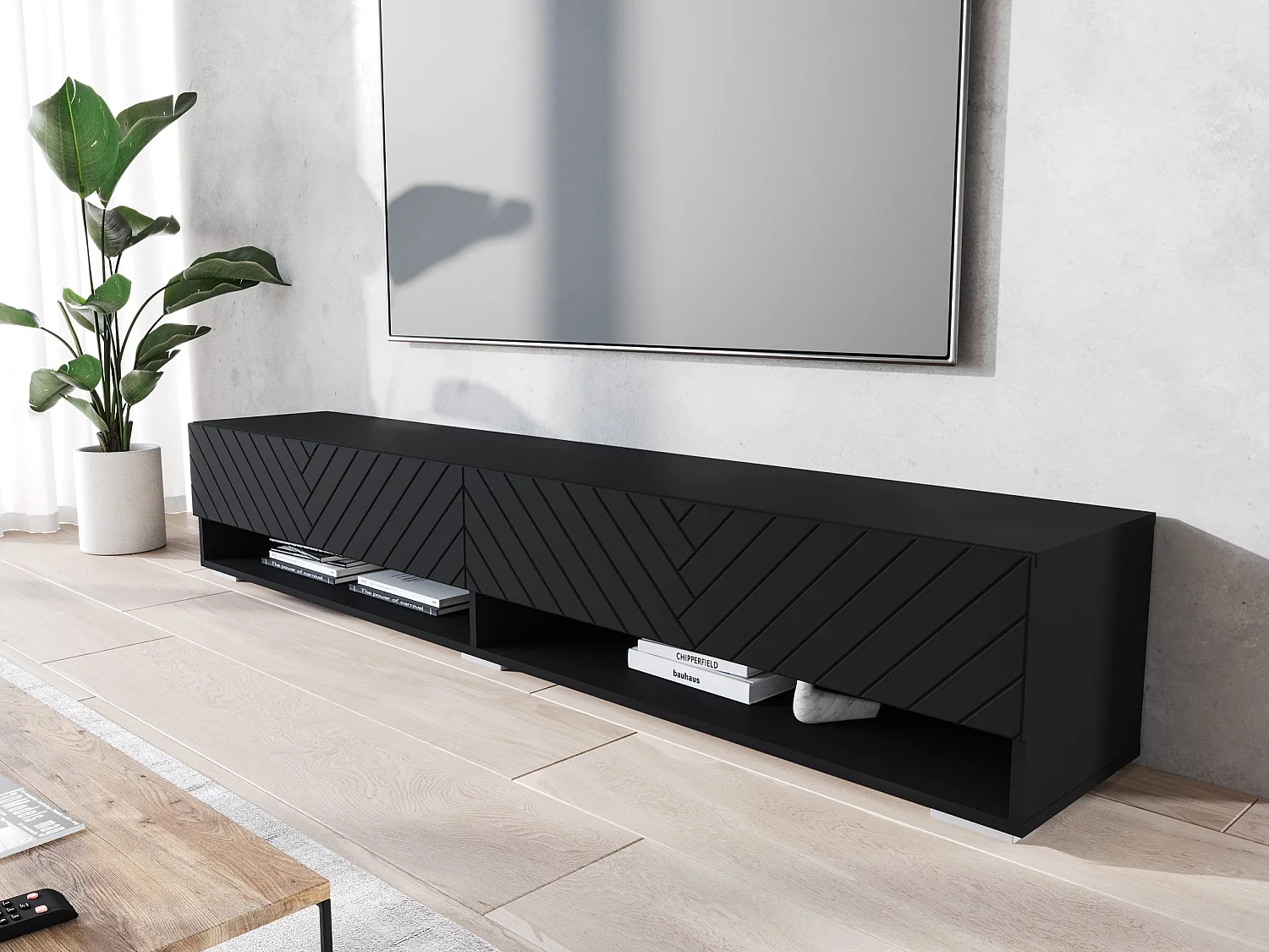 Mueble de TV - 180 cm - grafito negro/negro con diseño en espiga - con LED - WANDER