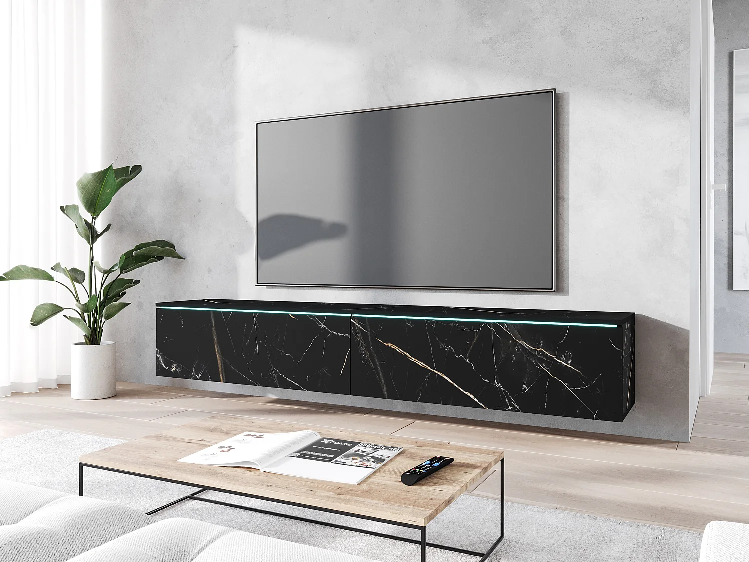 TV-meubel - 180 cm - zwart marmerpatroon - met LED - KANE