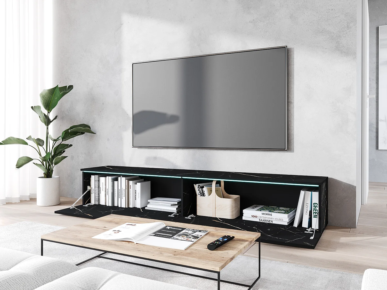 TV-meubel - 180 cm - zwart marmerpatroon - met LED - KANE