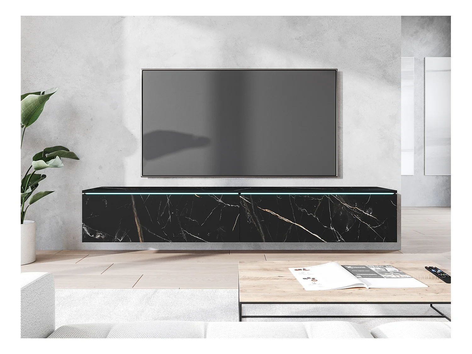 Meuble TV - 180 cm - motif du marbre noir - avec LED - KANE