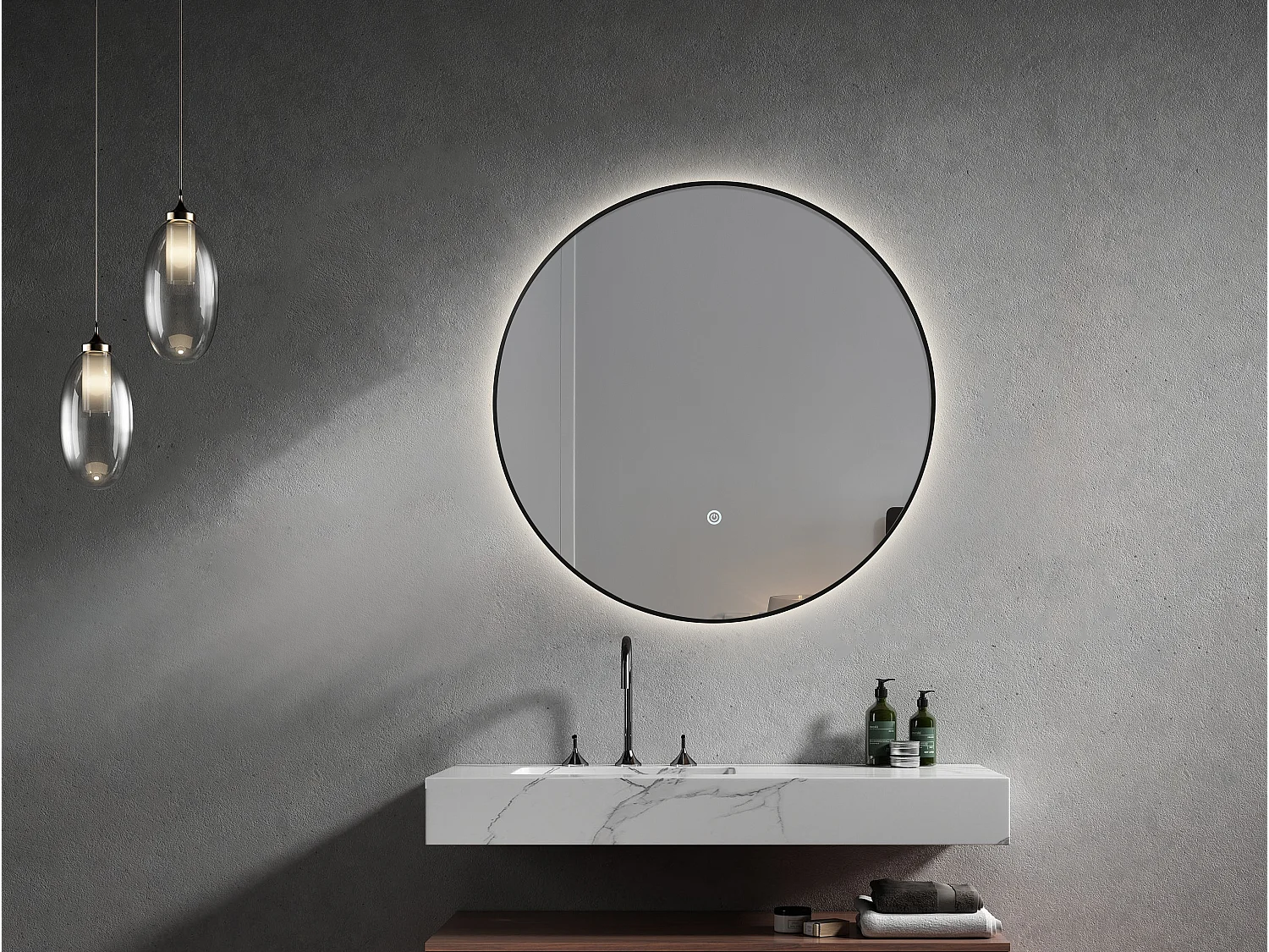 LuxuryBain- Miroir de salle de bain LED à luminosité variable 60cm rond avec cadre en aluminium noir