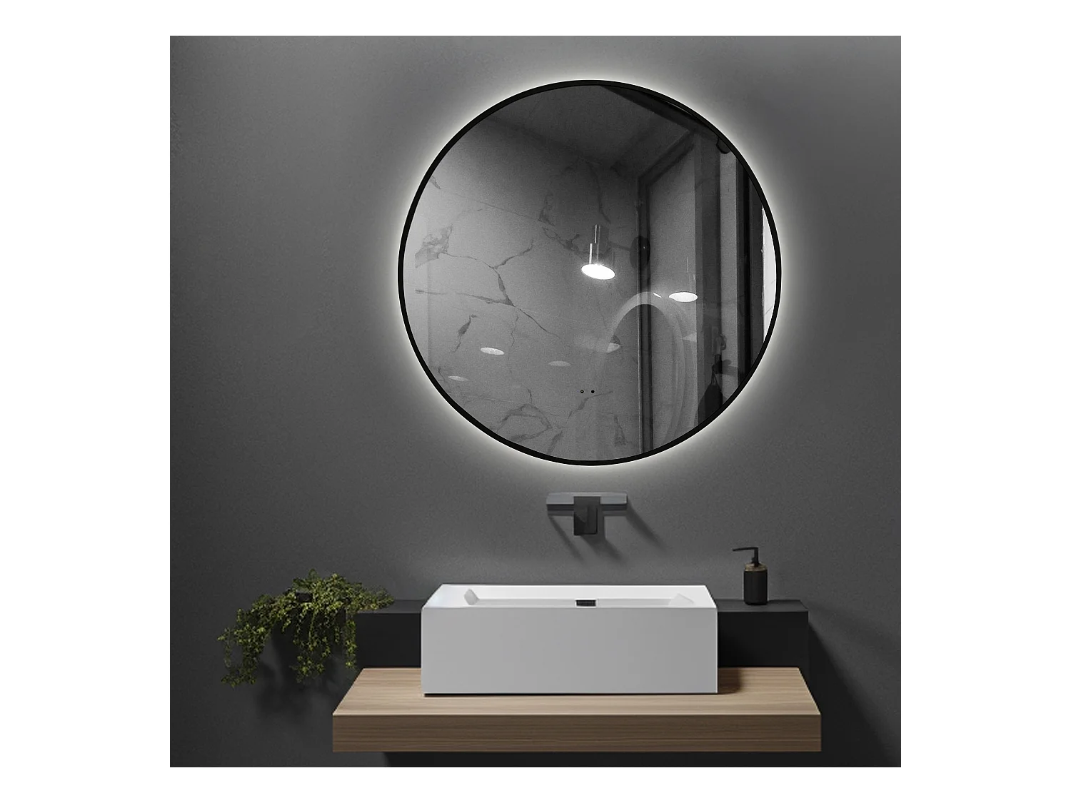 LuxuryBain- Miroir de salle de bain LED à luminosité variable 60cm rond avec cadre en aluminium noir et touche sensitive