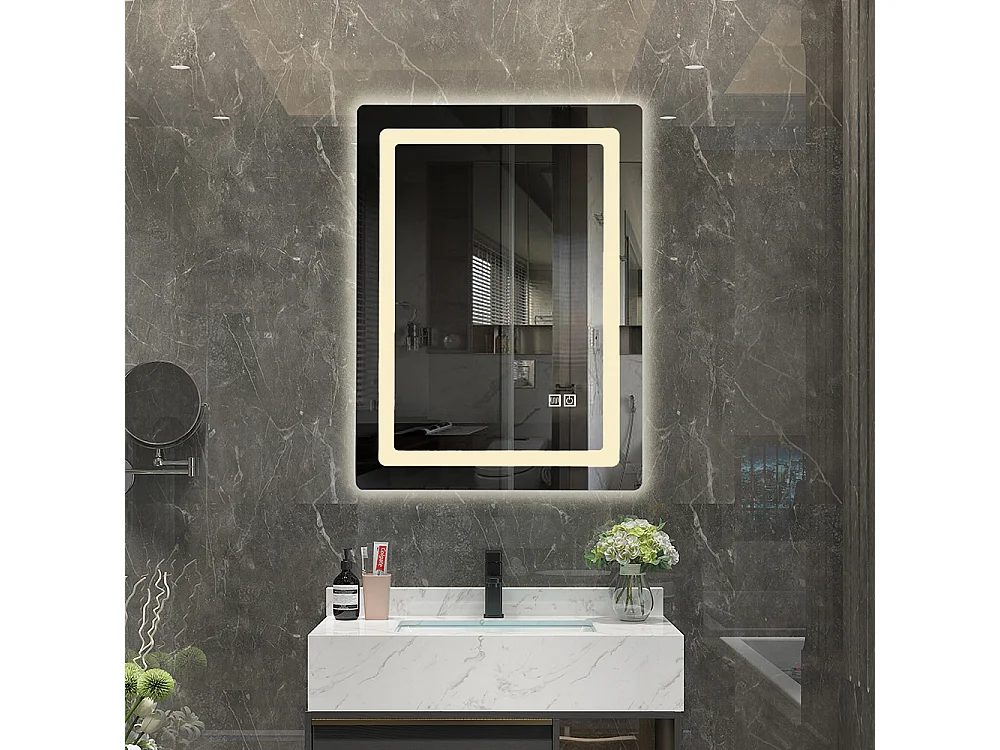 LuxuryBain- Miroir de salle de bain LED 60x80cm anti buée à luminosité variable rectangulaire