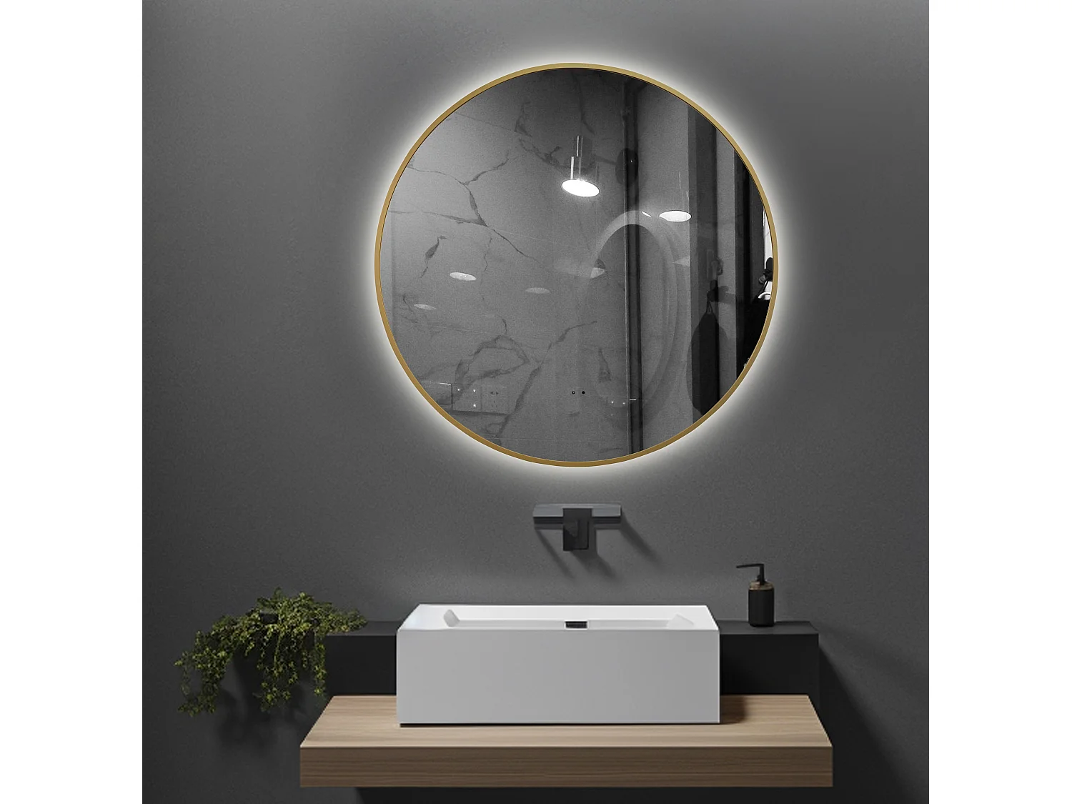 LuxuryBain- Miroir de salle de bain LED à luminosité variable 60cm rond avec cadre en aluminium doré, or et touche sensitive