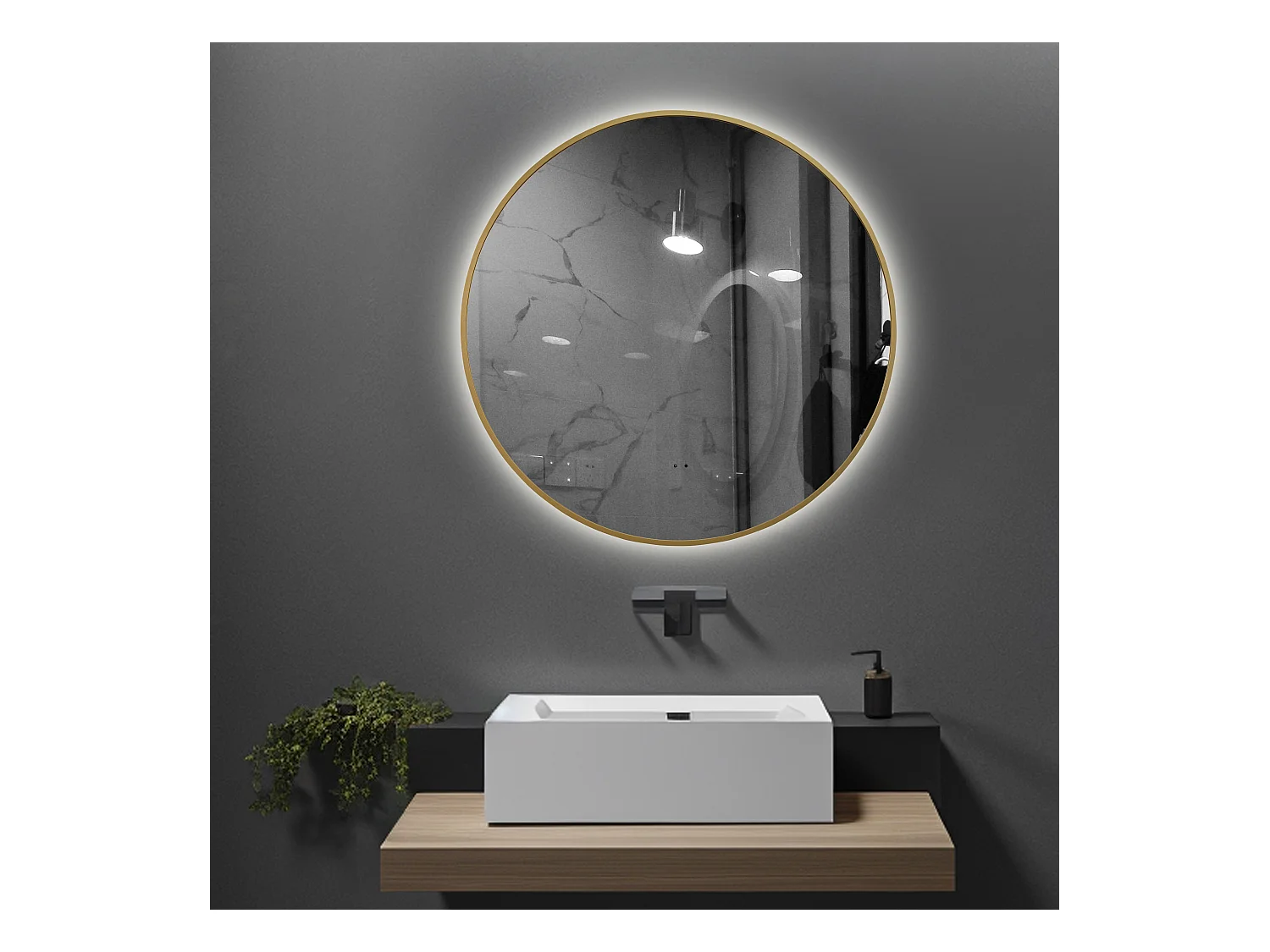 LuxuryBain- Miroir de salle de bain LED à luminosité variable 60cm rond avec cadre en aluminium doré, or et touche sensitive