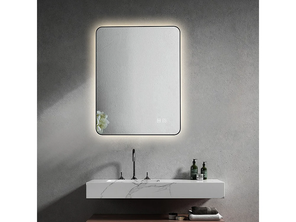 LuxuryBain- Miroir de salle de bain LED anti buée à luminosité variable 50x70cm rectangulaire avec cadre en aluminium noir