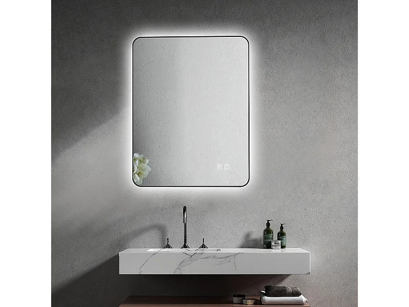 LuxuryBain- Miroir de salle de bain LED anti buée à luminosité variable 50x70cm rectangulaire avec cadre en aluminium noir
