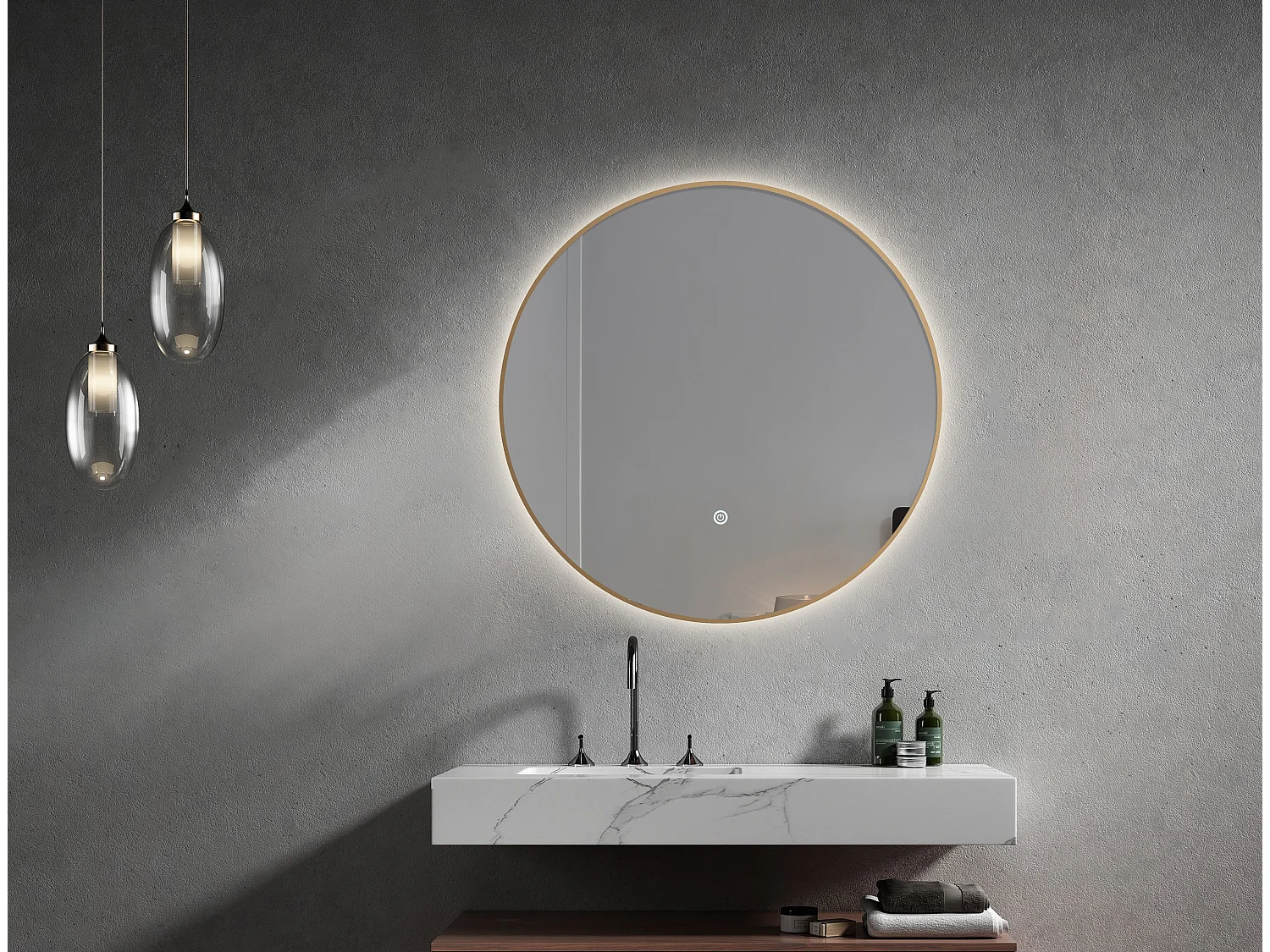 LuxuryBain- Miroir de salle de bain LED à luminosité variable 80cm rond avec cadre en aluminium doré, or