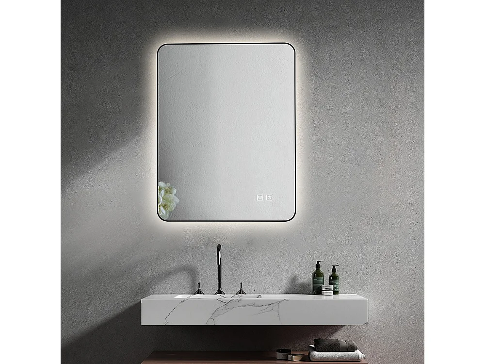 LuxuryBain- Miroir de salle de bain LED anti buée à luminosité variable 60x80cm rectangulaire avec cadre en aluminium noir