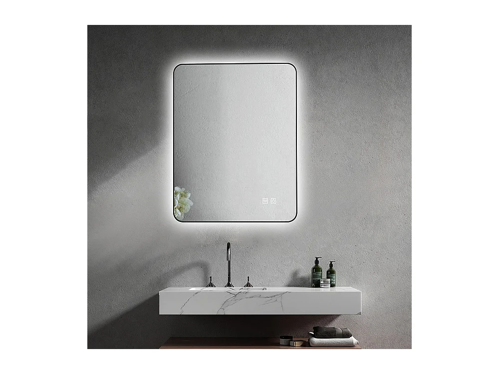 LuxuryBain- Miroir de salle de bain LED anti buée à luminosité variable 60x80cm rectangulaire avec cadre en aluminium noir