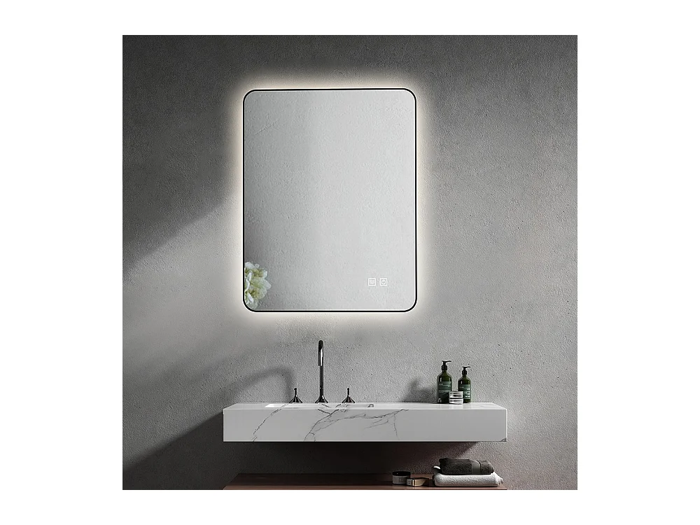 LuxuryBain- Miroir de salle de bain LED anti buée à luminosité variable 60x80cm rectangulaire avec cadre en aluminium noir