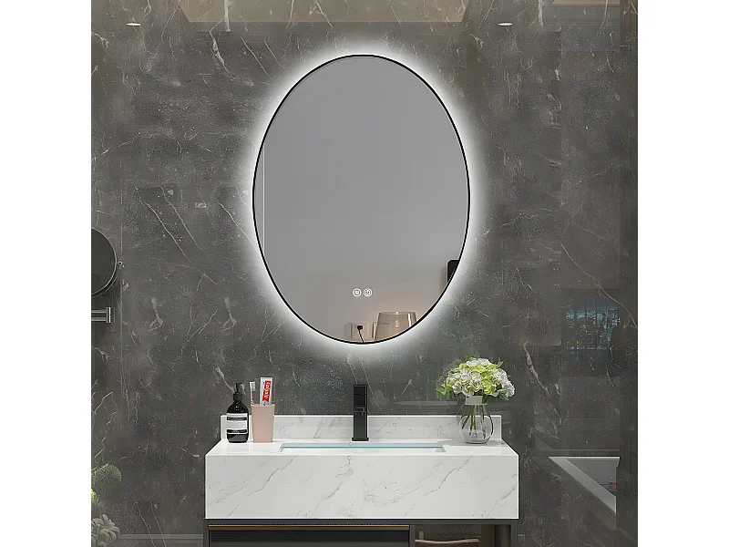 LuxuryBain- Miroir de salle de bain LED à luminosité variable 50x70cm ovale anti buée avec cadre en aluminium noir