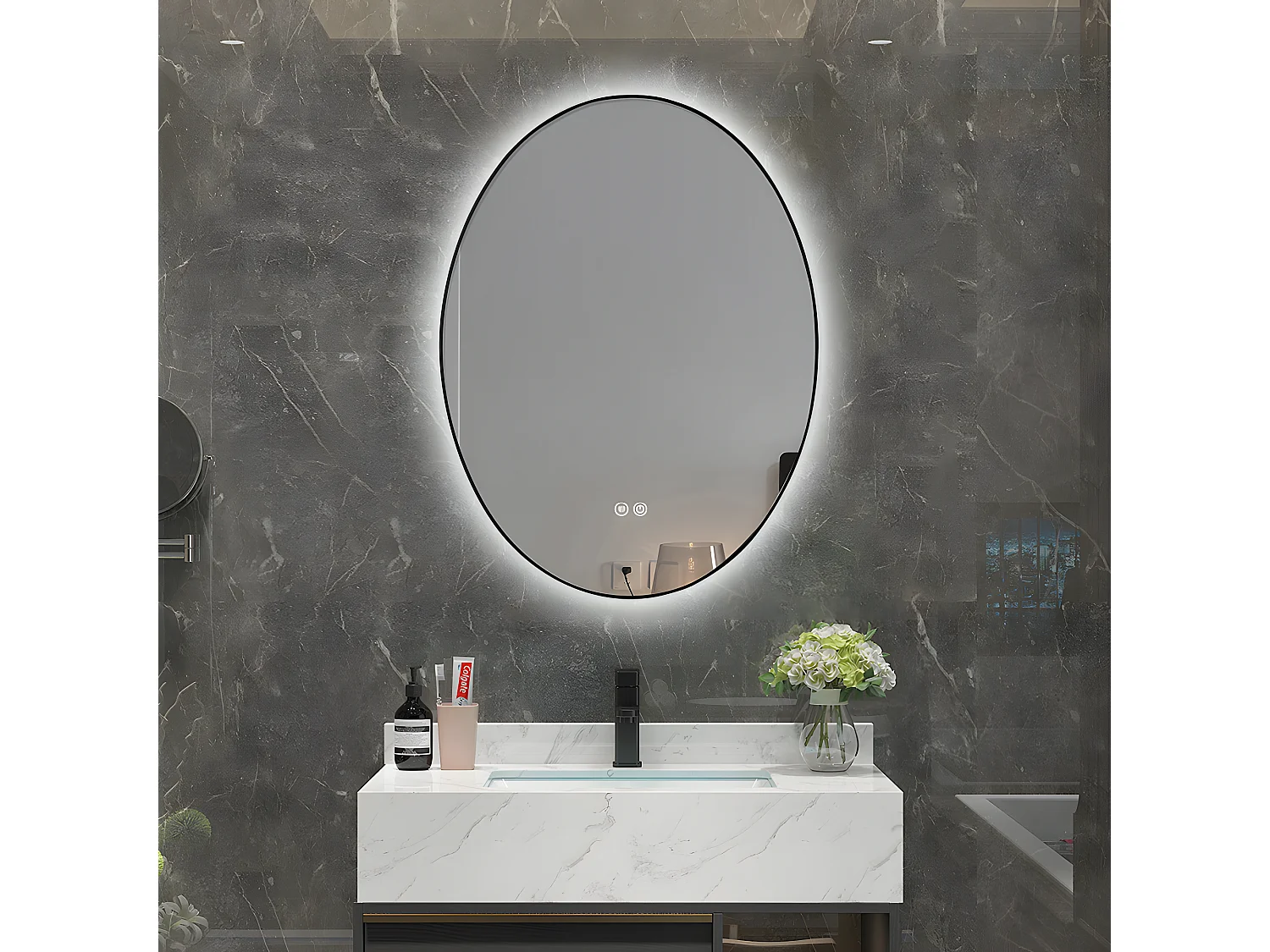 LuxuryBain- Miroir de salle de bain LED à luminosité variable 50x70cm ovale anti buée avec cadre en aluminium noir