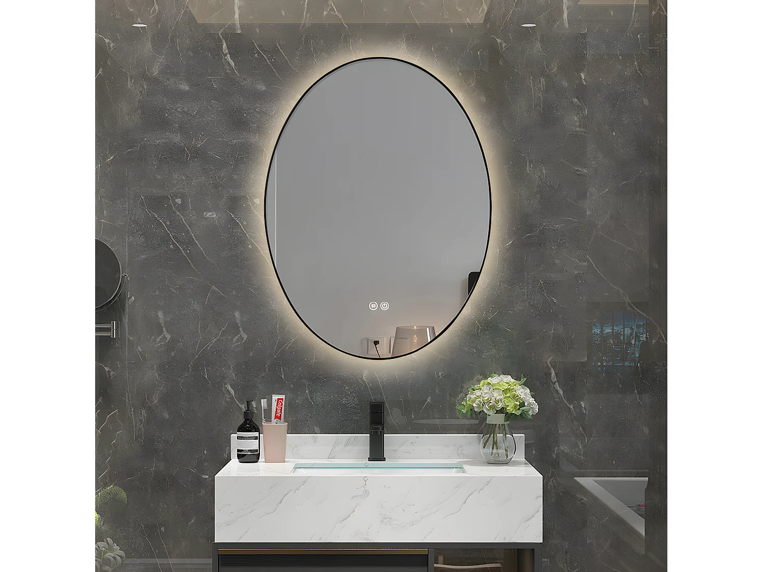LuxuryBain- Miroir de salle de bain LED à luminosité variable 50x70cm ovale anti buée avec cadre en aluminium noir