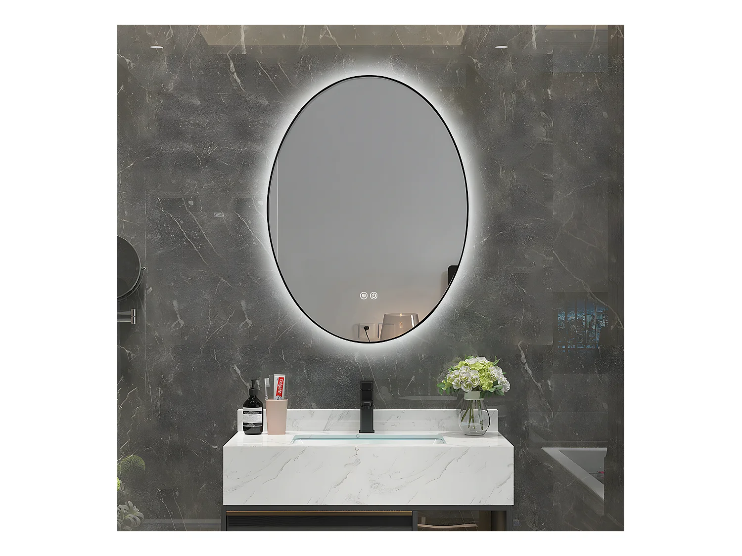 LuxuryBain- Miroir de salle de bain LED à luminosité variable 50x70cm ovale anti buée avec cadre en aluminium noir