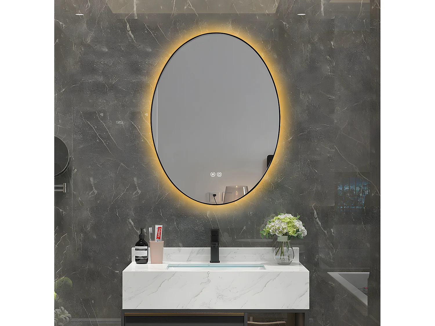 LuxuryBain- Miroir de salle de bain LED à luminosité variable 50x70cm ovale anti buée avec cadre en aluminium noir